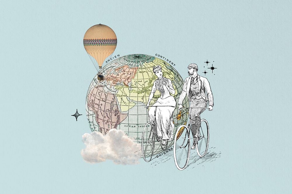 Aesthetic globe and biking couple. Remixed by rawpixel.