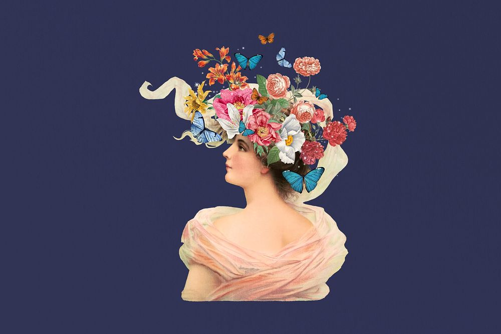 Flower headed woman, mental health. Remixed by rawpixel.