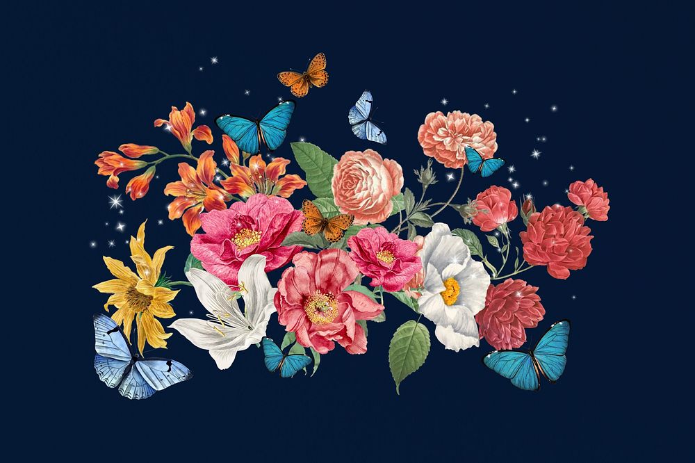 Spring flowers and butterfly, aesthetic remix