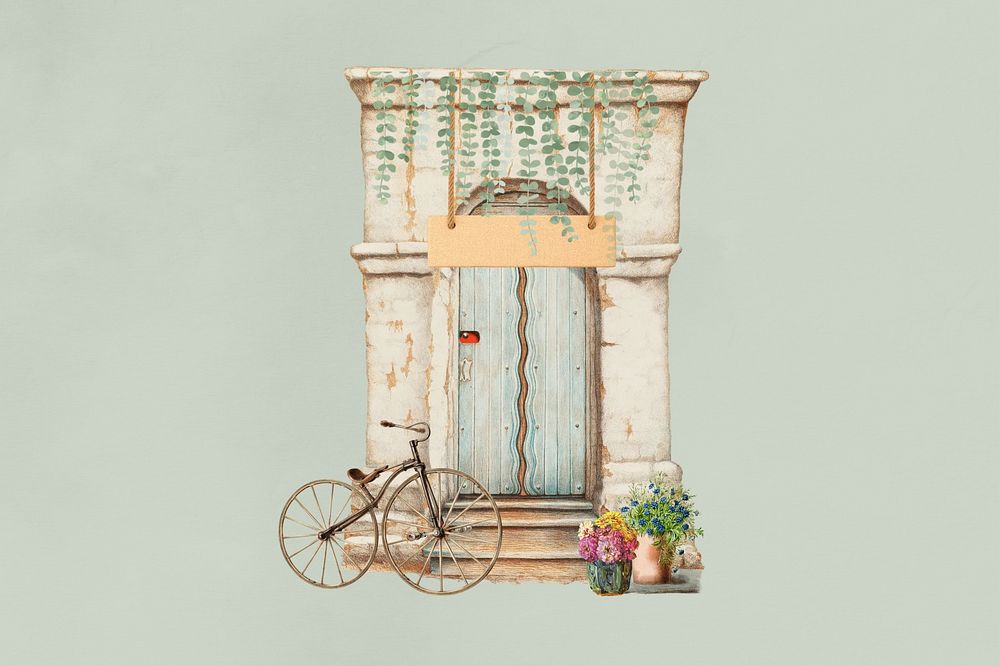 Vintage cafe entrance, bicycle. Remixed by rawpixel.