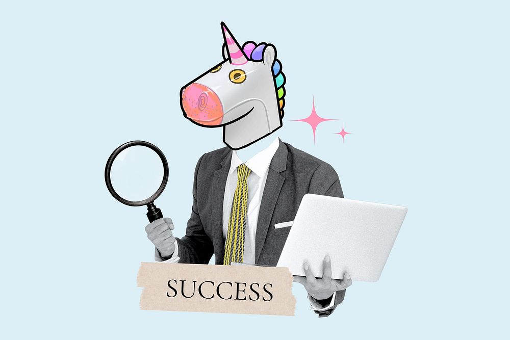 Success word, unicorn head businessman remix