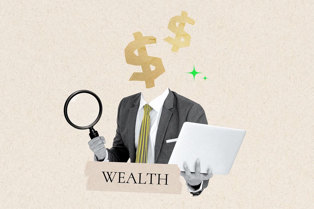 Wealth word, dollar sign head businessman remix