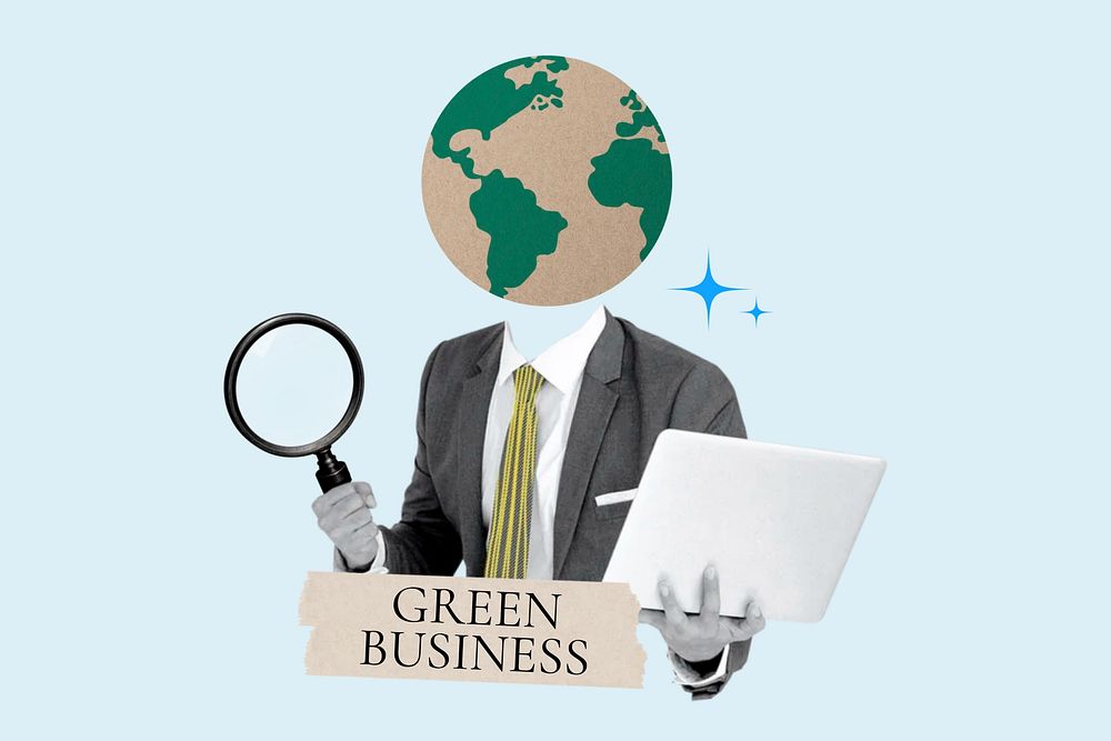 Green business word, globe head businessman remix