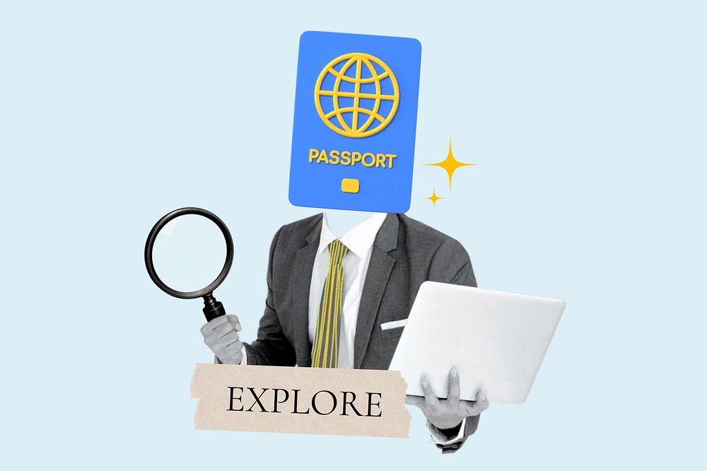 Explore word, passport head businessman remix