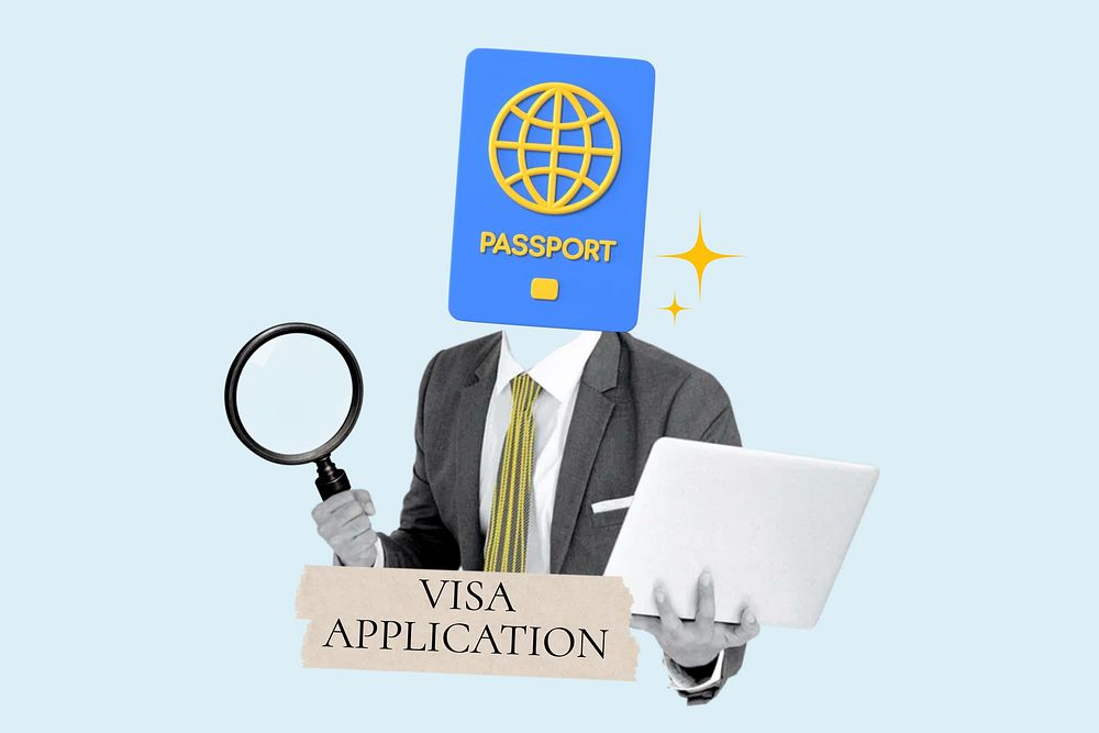 Visa application word, passport head businessman remix