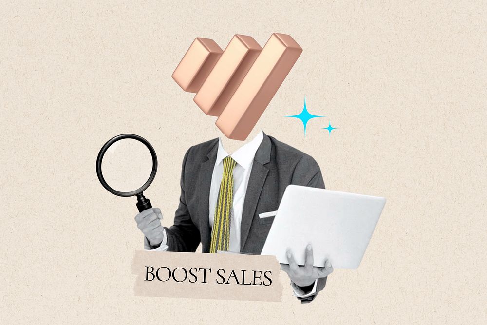 Boost sales word, bar chart head business man remix