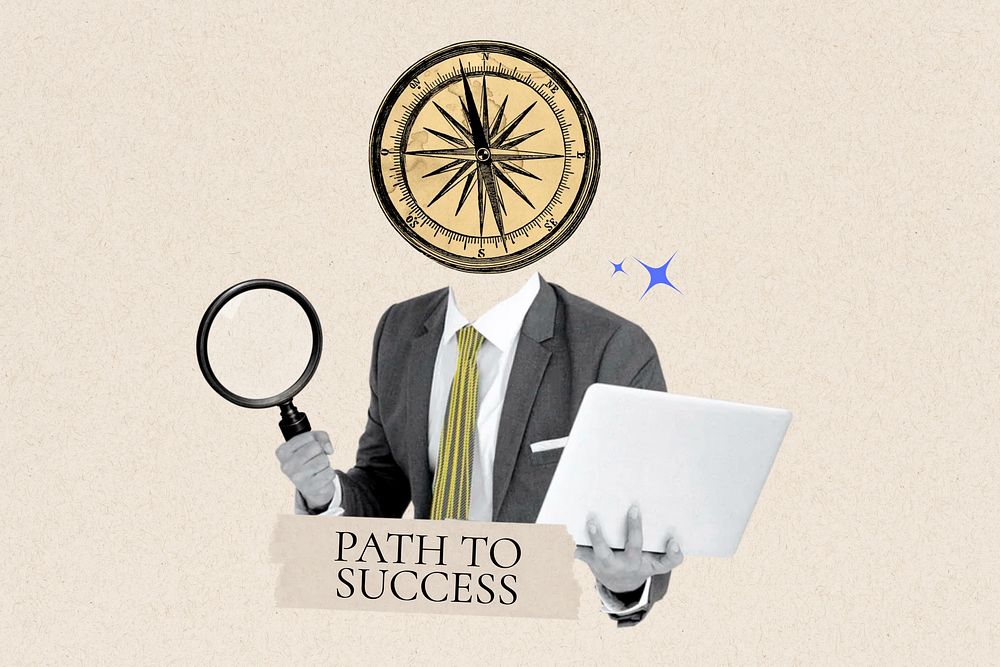 Path to success word, compass head businessman remix