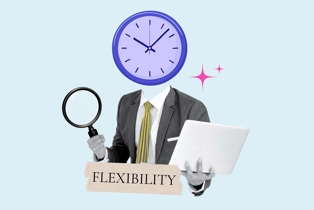 Flexibility word, clock head businessman remix