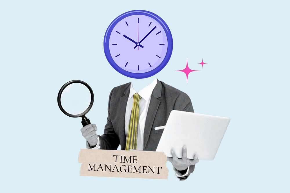 Time management word, clock head businessman remix