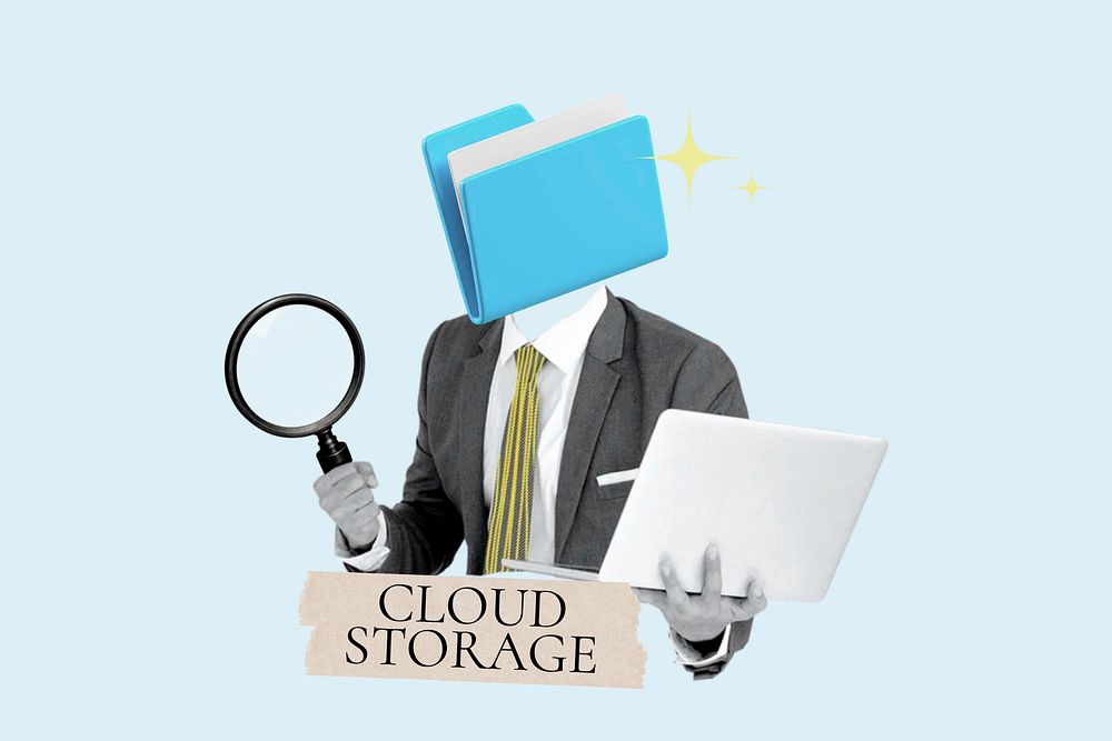 Cloud storage word, folder head businessman remix