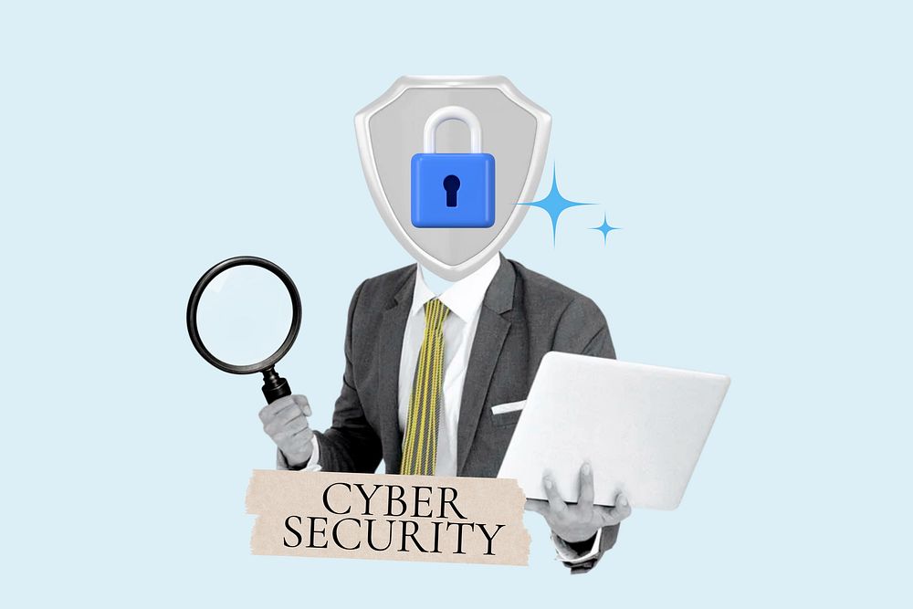 Cyber security word, padlock head businessman remix