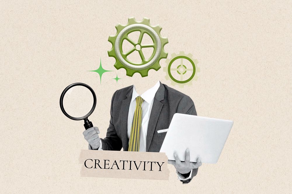 Creativity word, cogwheel head businessman remix
