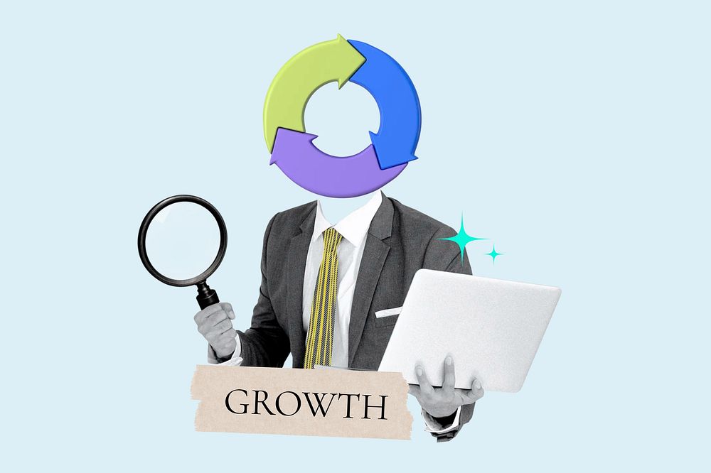 Growth word, pie chart head businessman remix