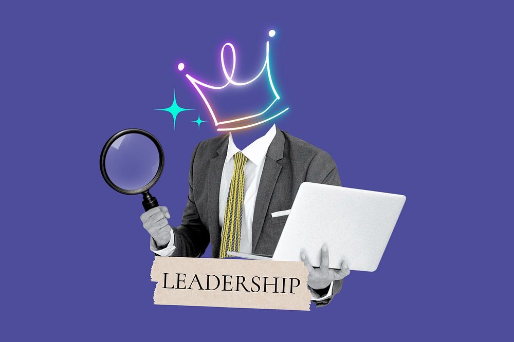 Leadership word, crown head businessman remix