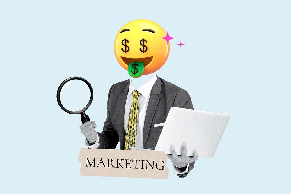 Marketing word, money-face emoticon head businessman remix