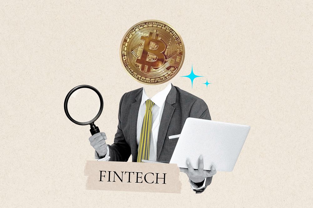 Fintech word, bitcoin head businessman remix