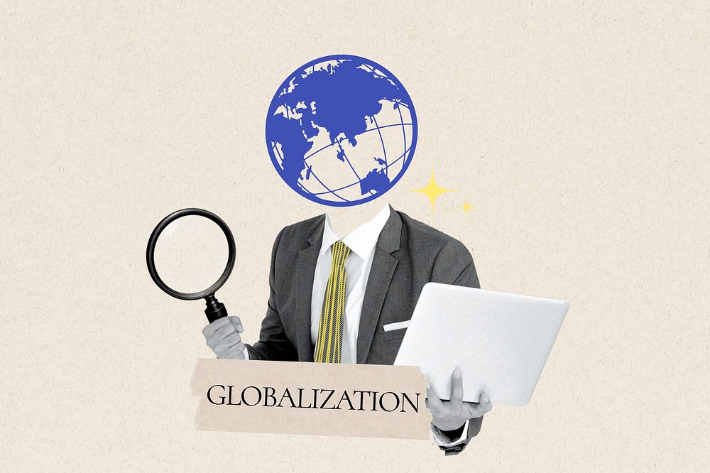 Globalization word, grid globe head businessman remix