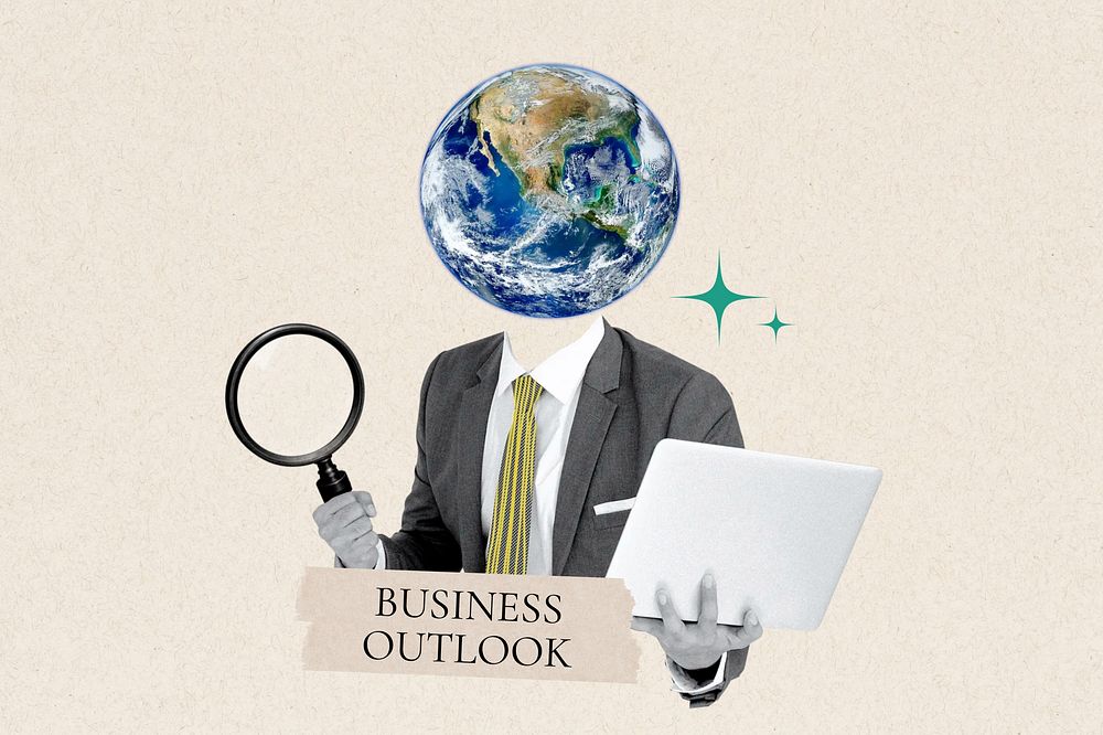 Business outlook word, globe head businessman remix