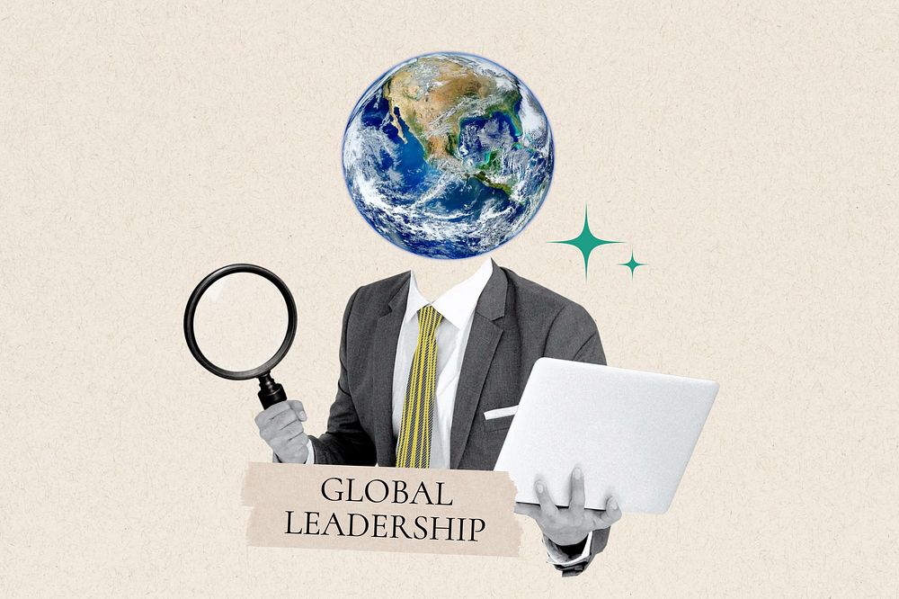 Global leadership word, globe head businessman remix