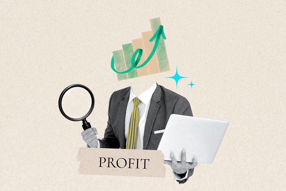 Profit word, growing chart head businessman remix