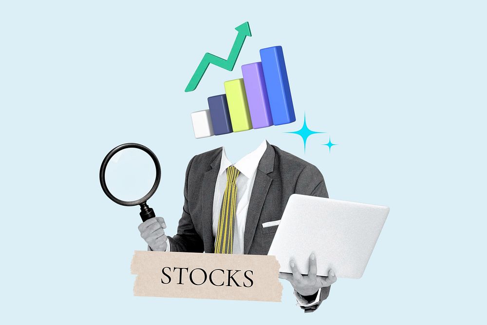 Stocks word, growing chart head businessman remix