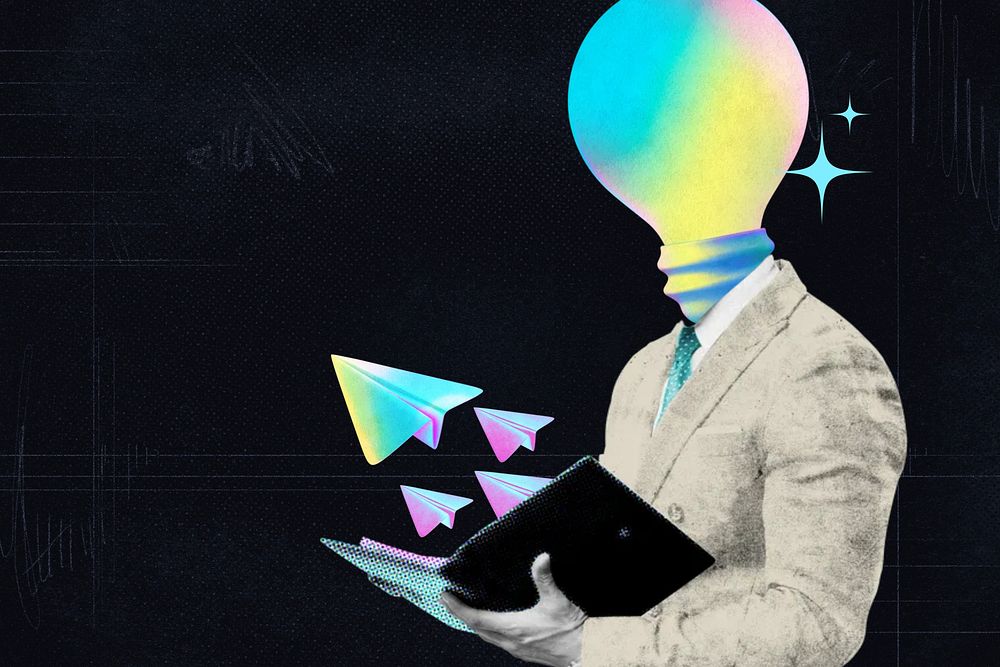 Innovative businessman,  light bulb-head collage remix