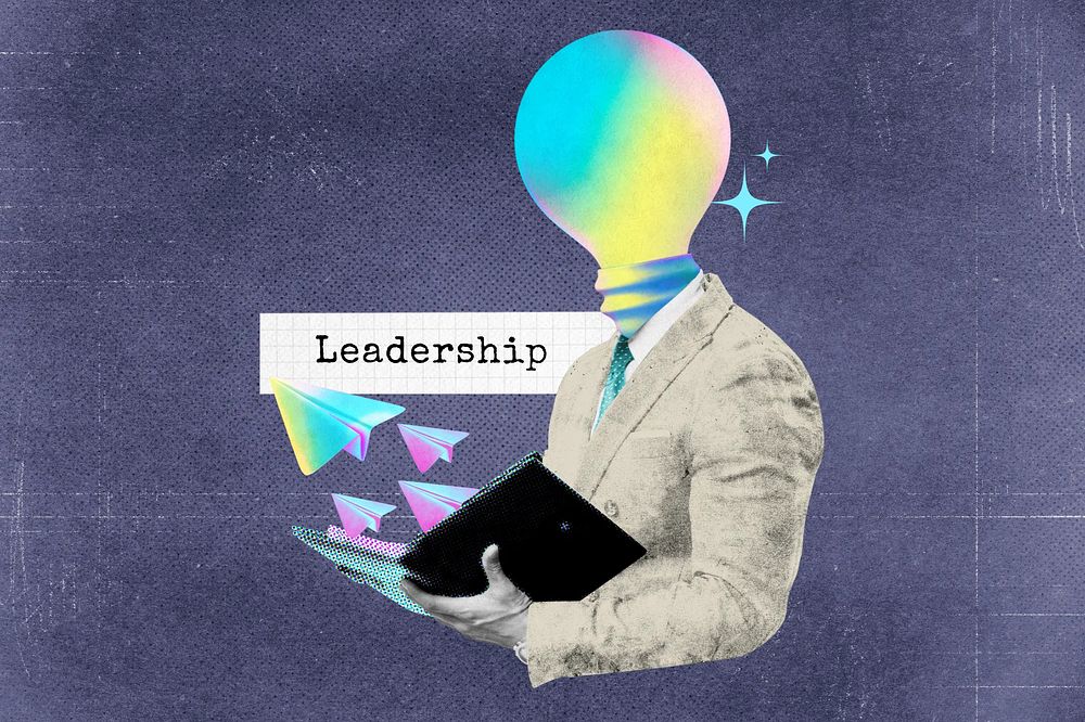 Leadership word, light bulb head businessman collage remix