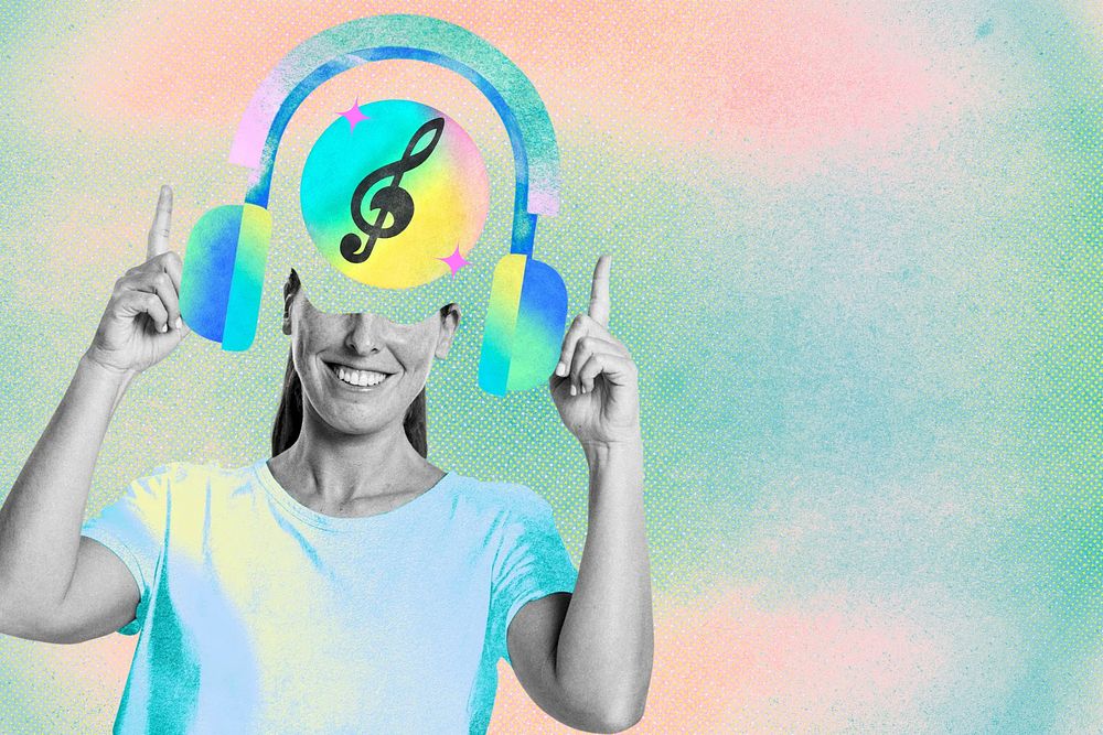 Woman listening to music, creative remix