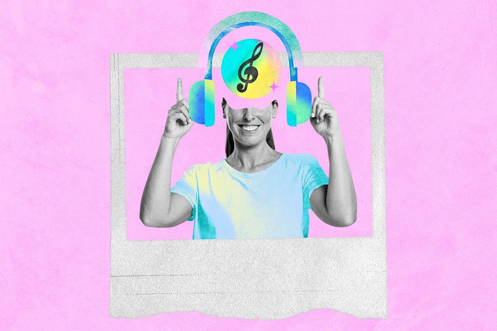 Woman listening to music, creative remix