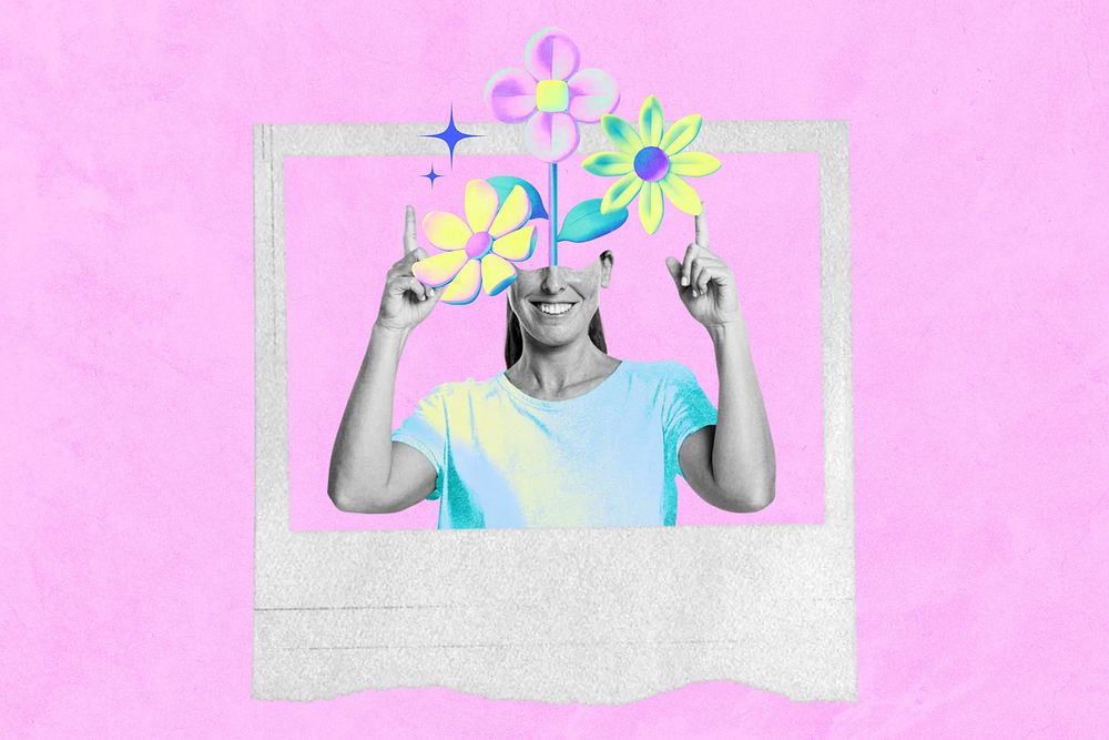 Flower-head woman instant photo frame collage remix