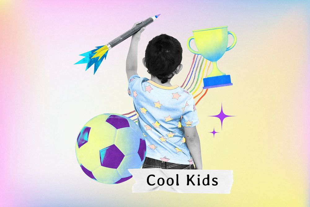 Cool kids word, boy rear view collage remix