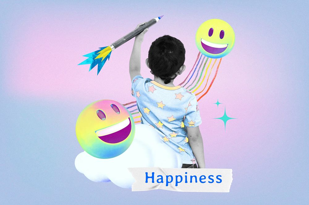Happiness word, kid rear view collage remix