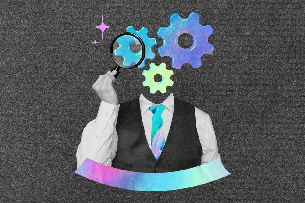 Cogwheel-head business man, gradient collage remix
