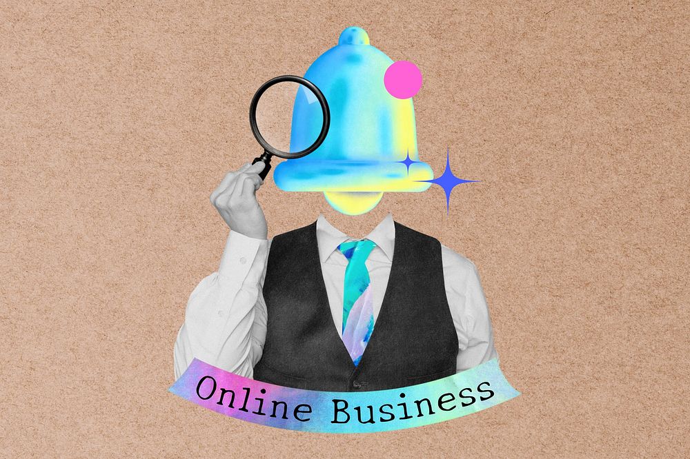 Online business word, bell head man collage remix