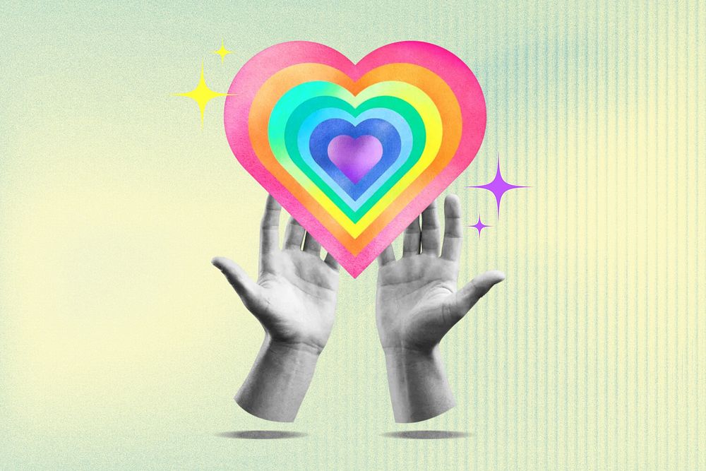 LGBTQ support, hands cupping rainbow heart