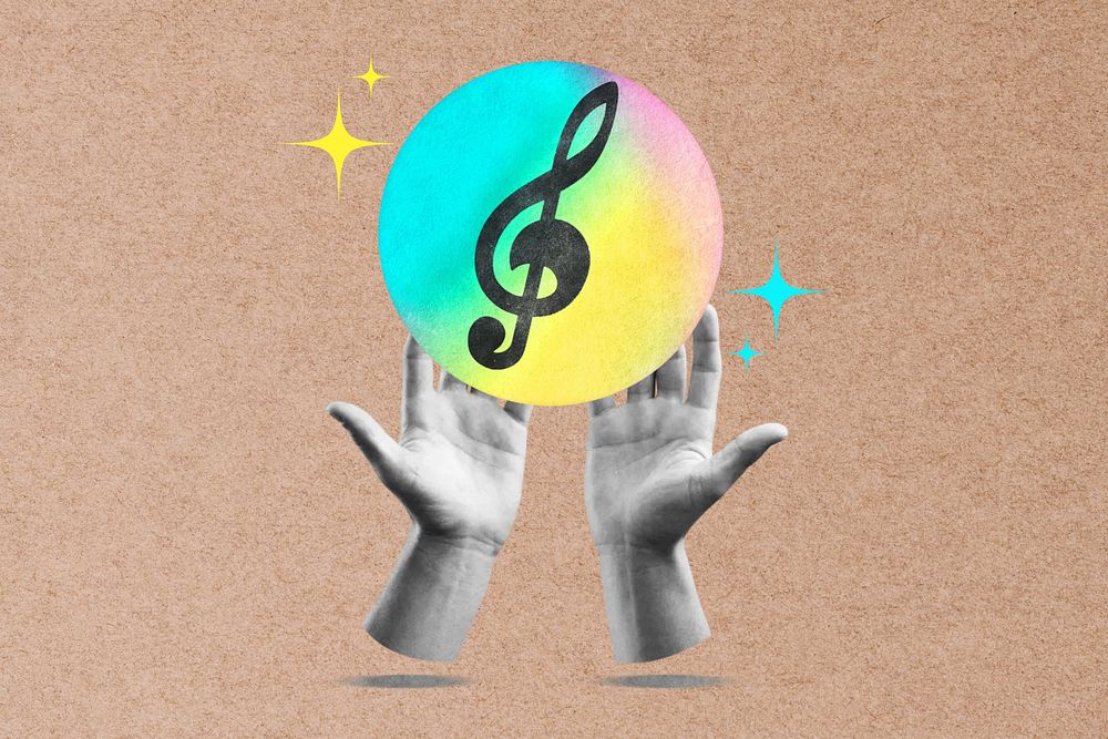 Hands cupping musical note, music remix
