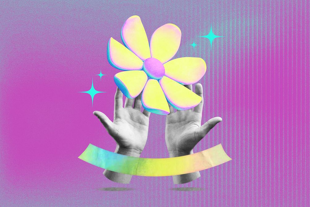 Hand holding yellow flower collage remix