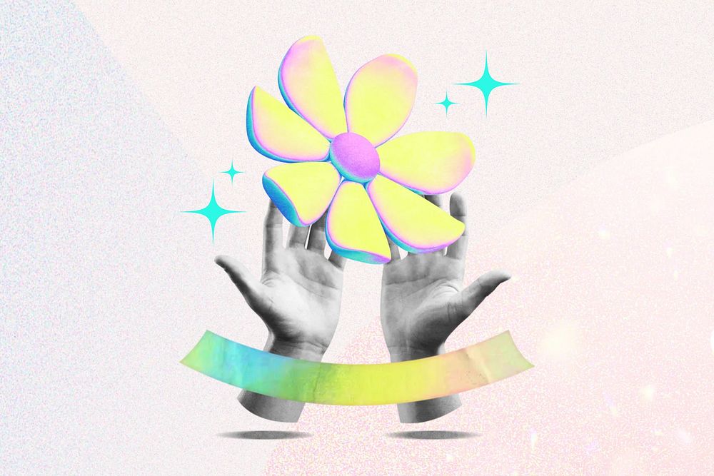 Hand holding flower, environment collage remix