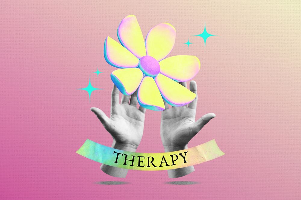 Therapy word, hand holding flower collage remix