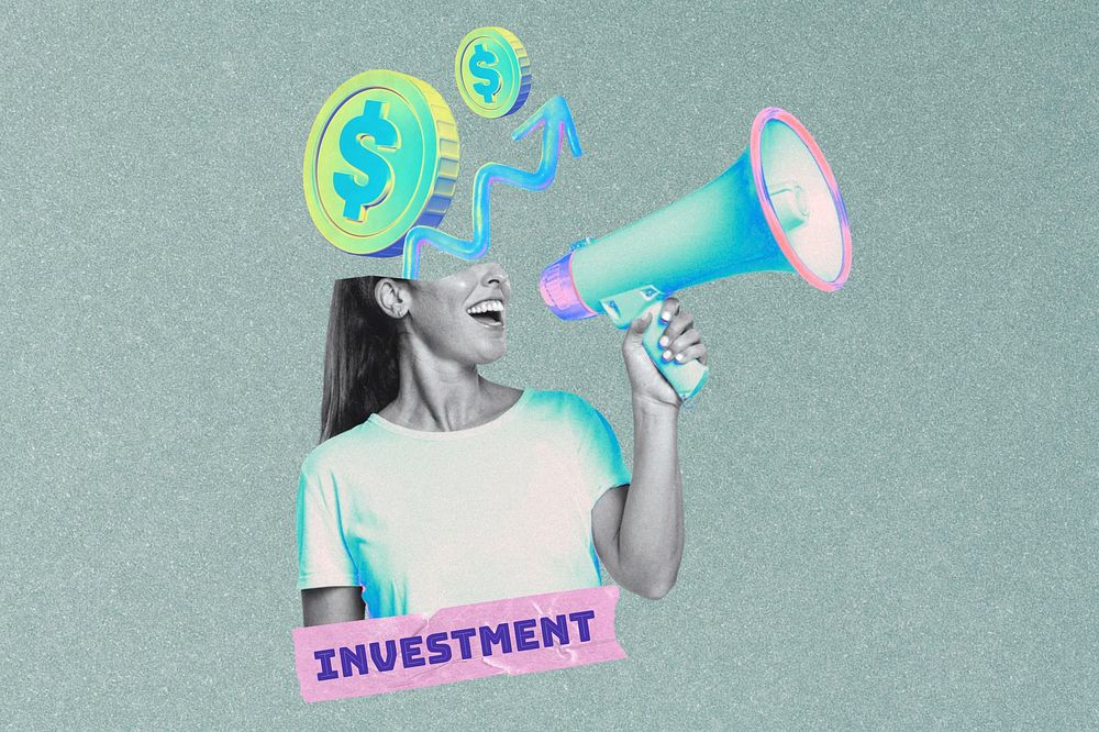 Money-head woman with megaphone, investment word collage remix