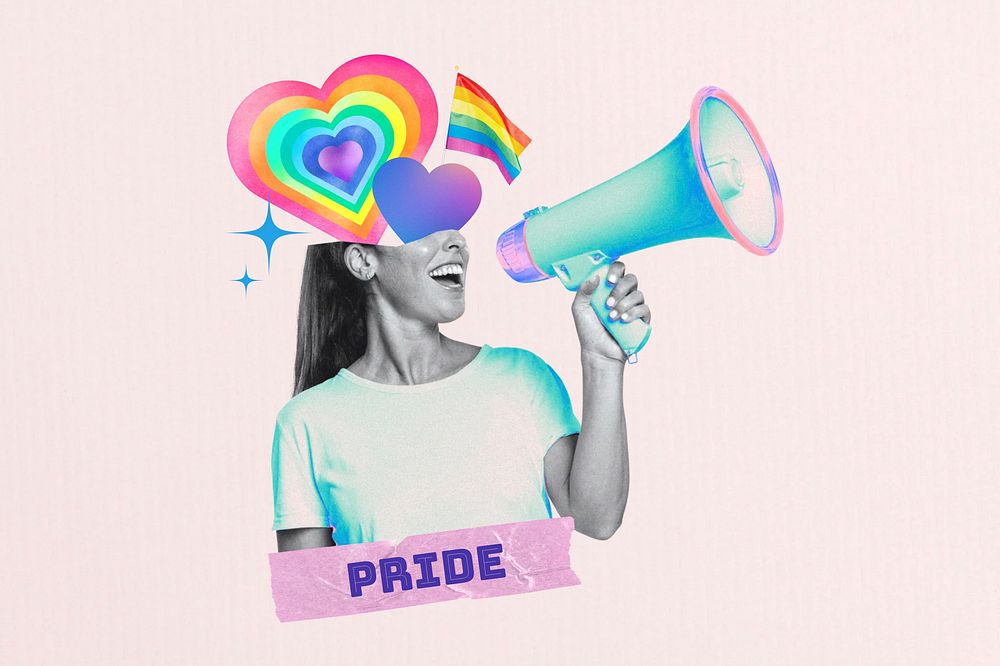Gay pride support, woman with megaphone collage remix