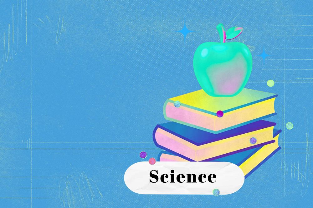 Science blue background, stack of books with apple collage remix