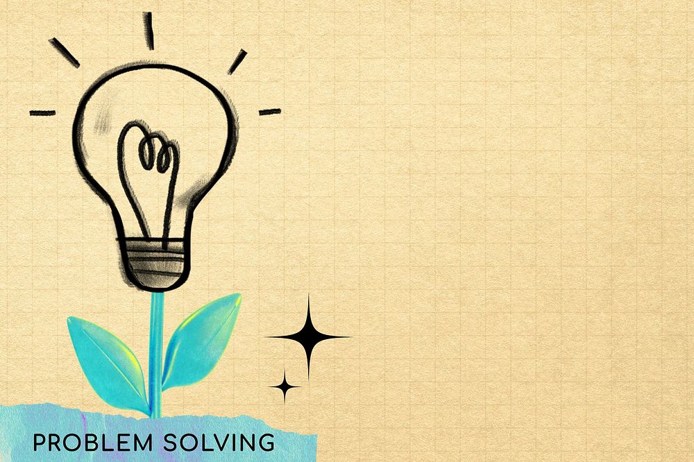 Problem-solving word background, light bulb plant collage remix