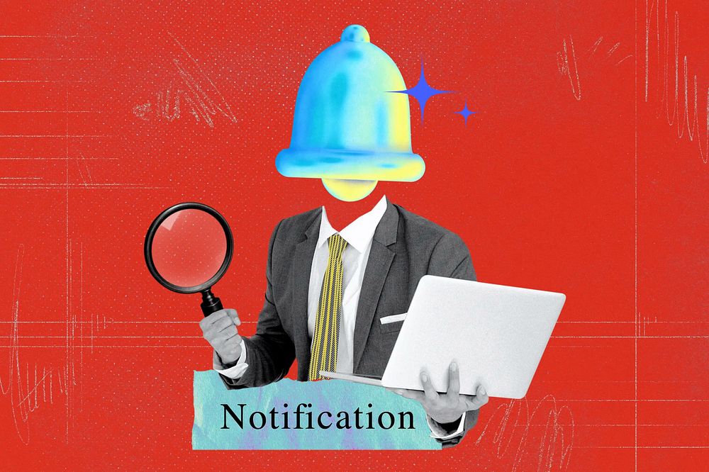 Notification word, bell head businessman collage remix