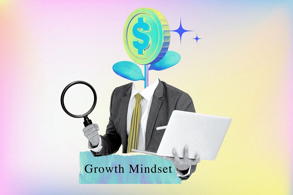 Growth mindset word, money-head businessman collage remix
