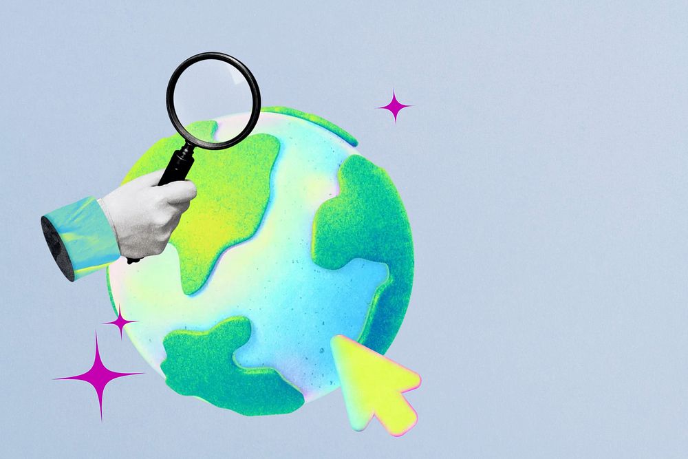 Globe & hand holding magnifying glass remix