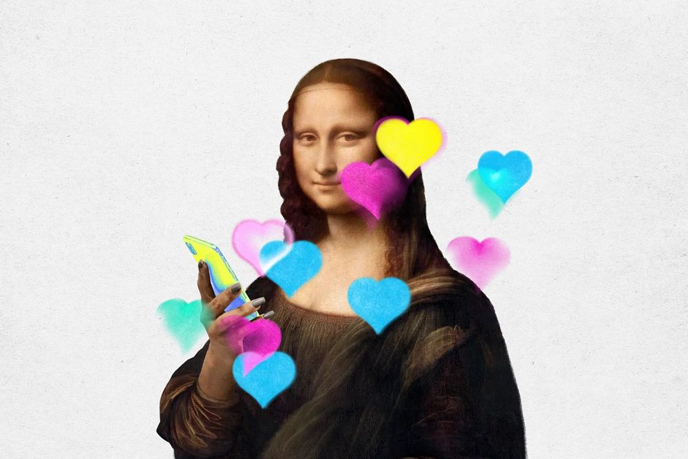Mona Lisa using phone, Da Vinci's artwork mixed media illustration. Remixed by rawpixel.