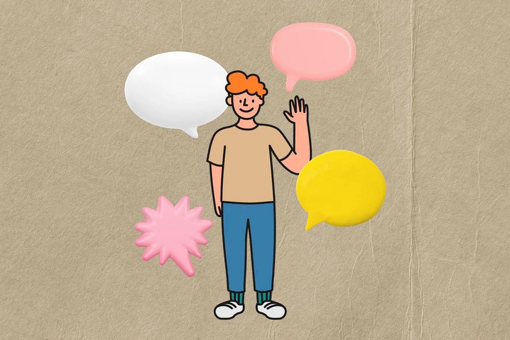 Man with colorful speech bubbles collage remix