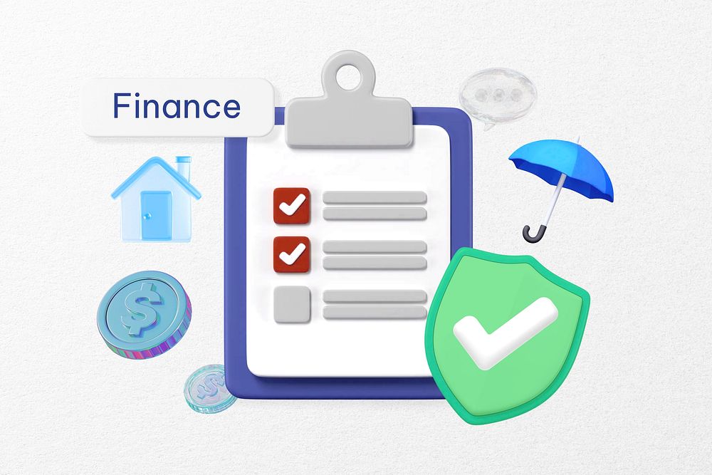 Finance word, business insurance 3D remix