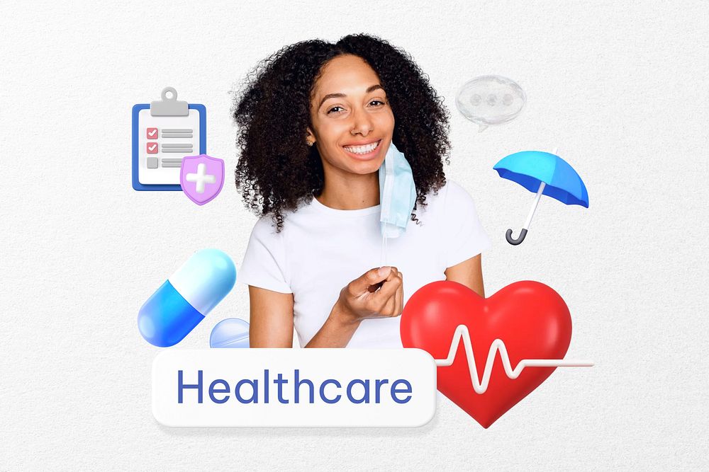 Healthcare word, smiling woman, healthcare remix